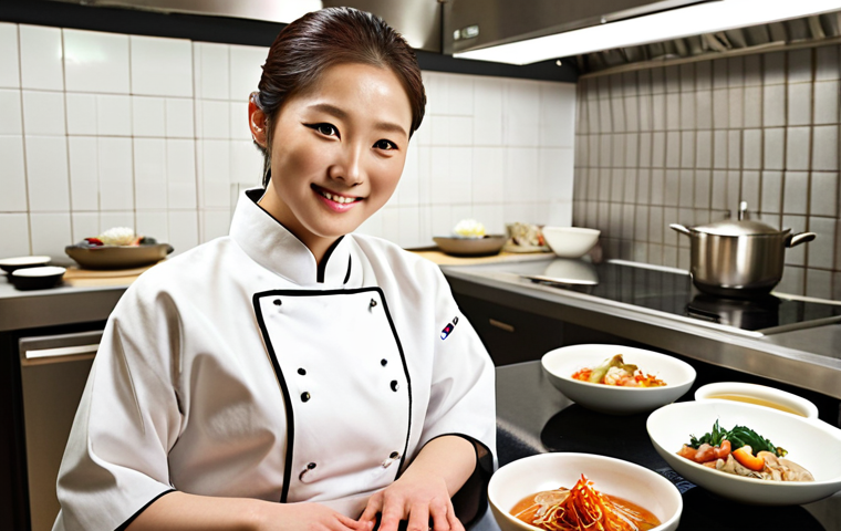 2
**Image 2 Prompt:**
A confident and elegant female traditional Korean food expert proudly stands in a modern, stylish kitchen or cooking studio, showcasing a meticulously prepared and beautifully plated traditional Korean banquet dish (Hanjeongsik). The dish is vibrant and artfully arranged, reflecting her mastery and dedication. She exudes professionalism and passion, looking forward with a subtle smile. The atmosphere is bright, clean, and inspiring, symbolizing the successful future of traditional Korean cuisine. --ar 16:9 --v