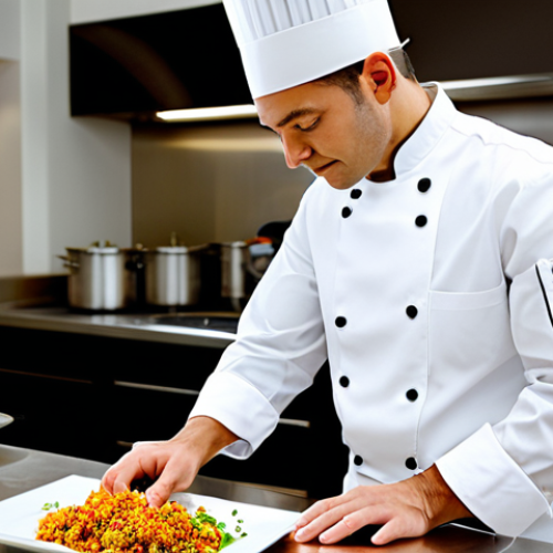 Home 6 A professional traditional food chef, fully clothed in a clean, modest chef's uniform, stands calmly in a modern, well-lit professional kitchen. The chef demonstrates a moment of quiet resilience and focus, observing a meticulously prepared dish. The background is organized and clean, with subtle kitchen equipment. The image conveys strength and dedication. Perfect anatomy, correct proportions, natural pose, well-formed hands, proper finger count. Professional photography, high detail, realistic, appropriate attire, safe for work, appropriate content, family-friendly.