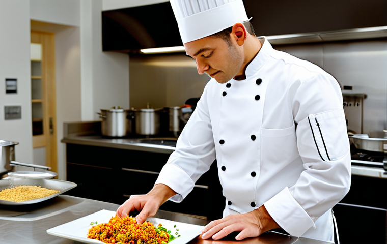 A professional traditional food chef, fully clothed in a clean, modest chef's uniform, stands calmly in a modern, well-lit professional kitchen. The chef demonstrates a moment of quiet resilience and focus, observing a meticulously prepared dish. The background is organized and clean, with subtle kitchen equipment. The image conveys strength and dedication. Perfect anatomy, correct proportions, natural pose, well-formed hands, proper finger count. Professional photography, high detail, realistic, appropriate attire, safe for work, appropriate content, family-friendly.